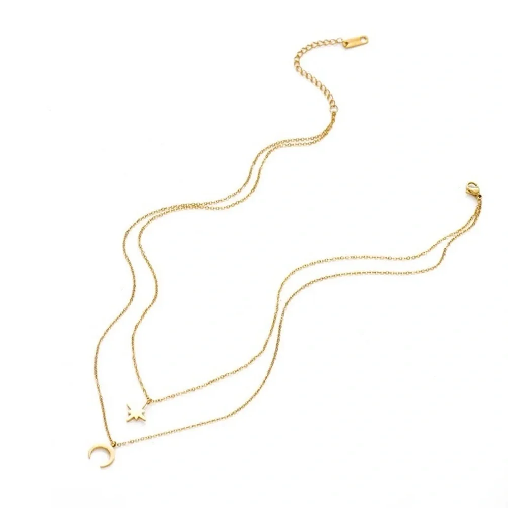 18K Gold Plated Moon Star Layered Necklace - Picture 2 of 11